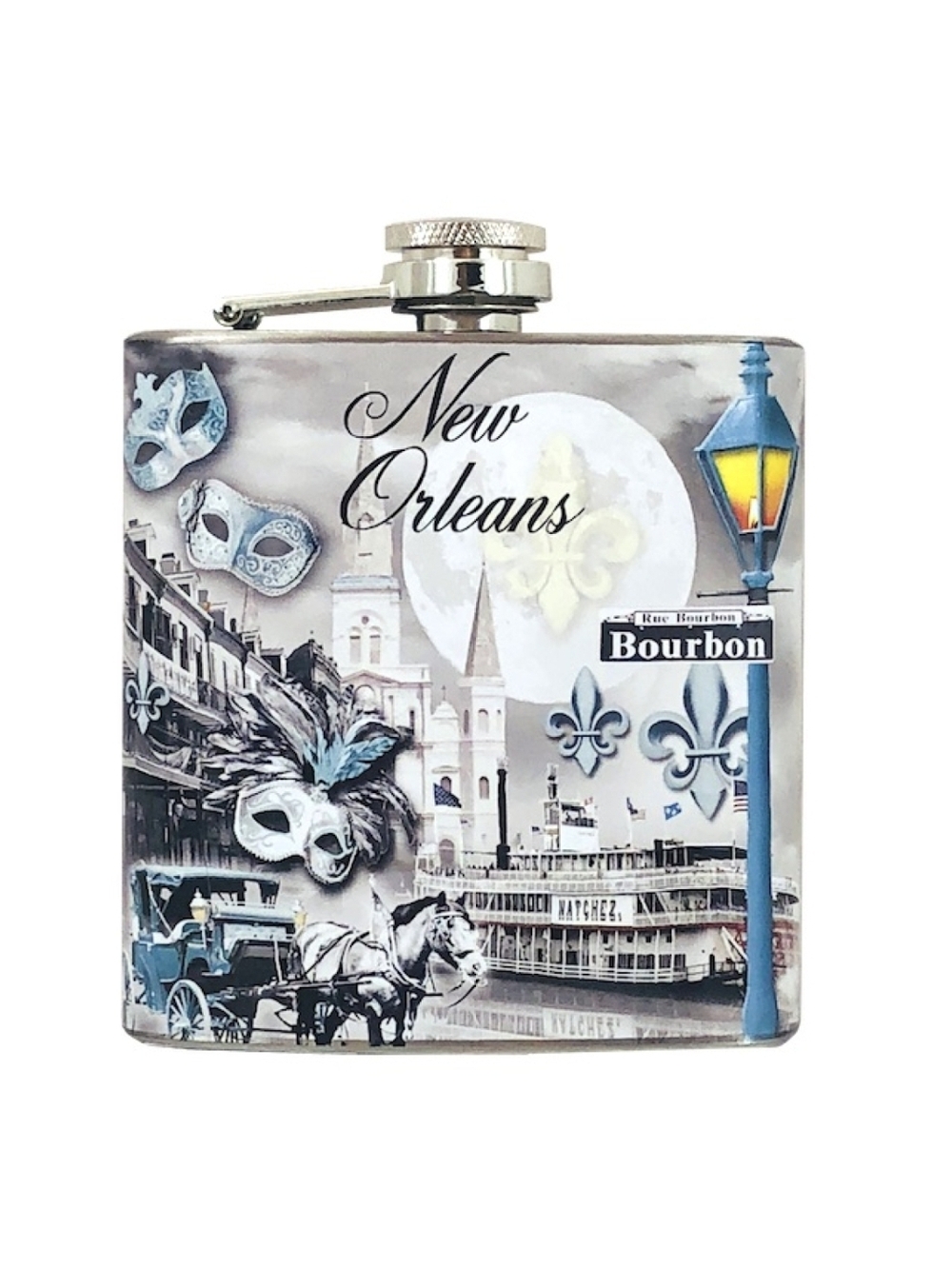 New Orleans Souvenir Flask 6oz Stainless Steel Bourbon St Mardi Gras Mask Hip